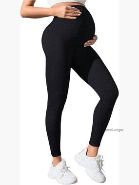 Maternity High Waisted Ribbed Leggings Over Belly Pregnancy Yoga Pants